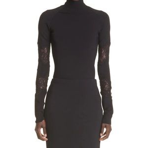 St. John Black Lace Inset Turtleneck Top